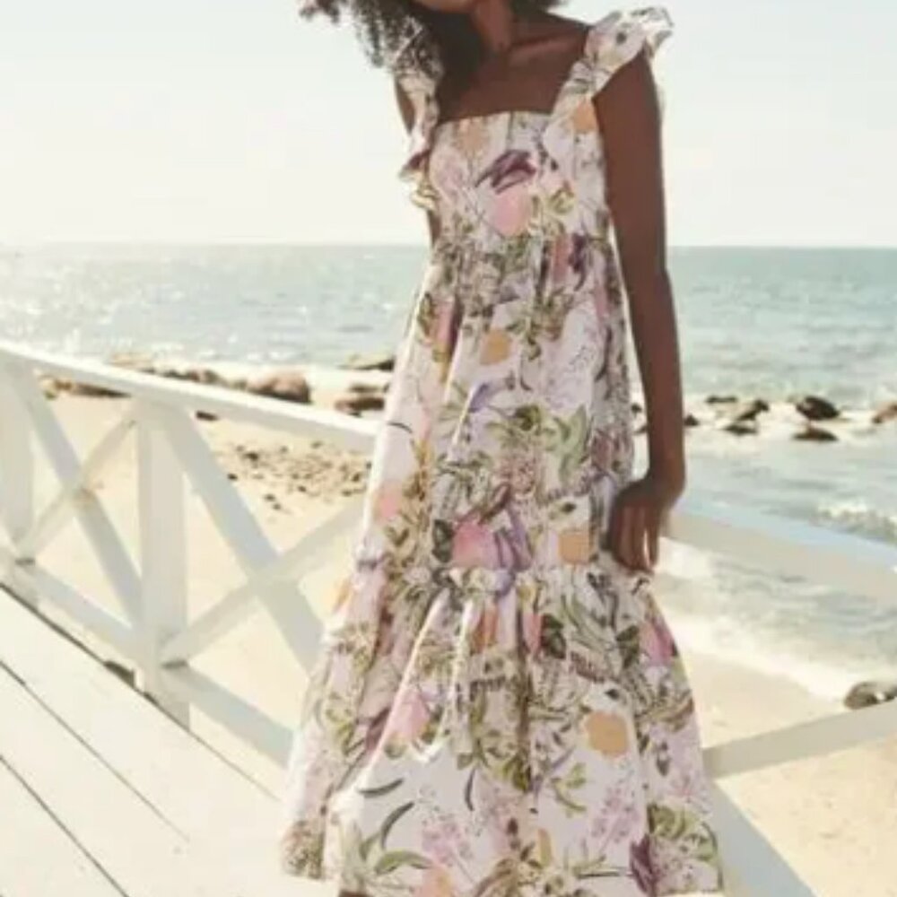 CARA CARA Darby Tropical Bird Blush Floral Print Midi Dress, Size Small